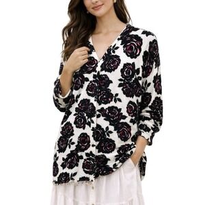 Covington Modern Gothic Rose Flower Cardigan Sweater Women L Black Pink Romantic